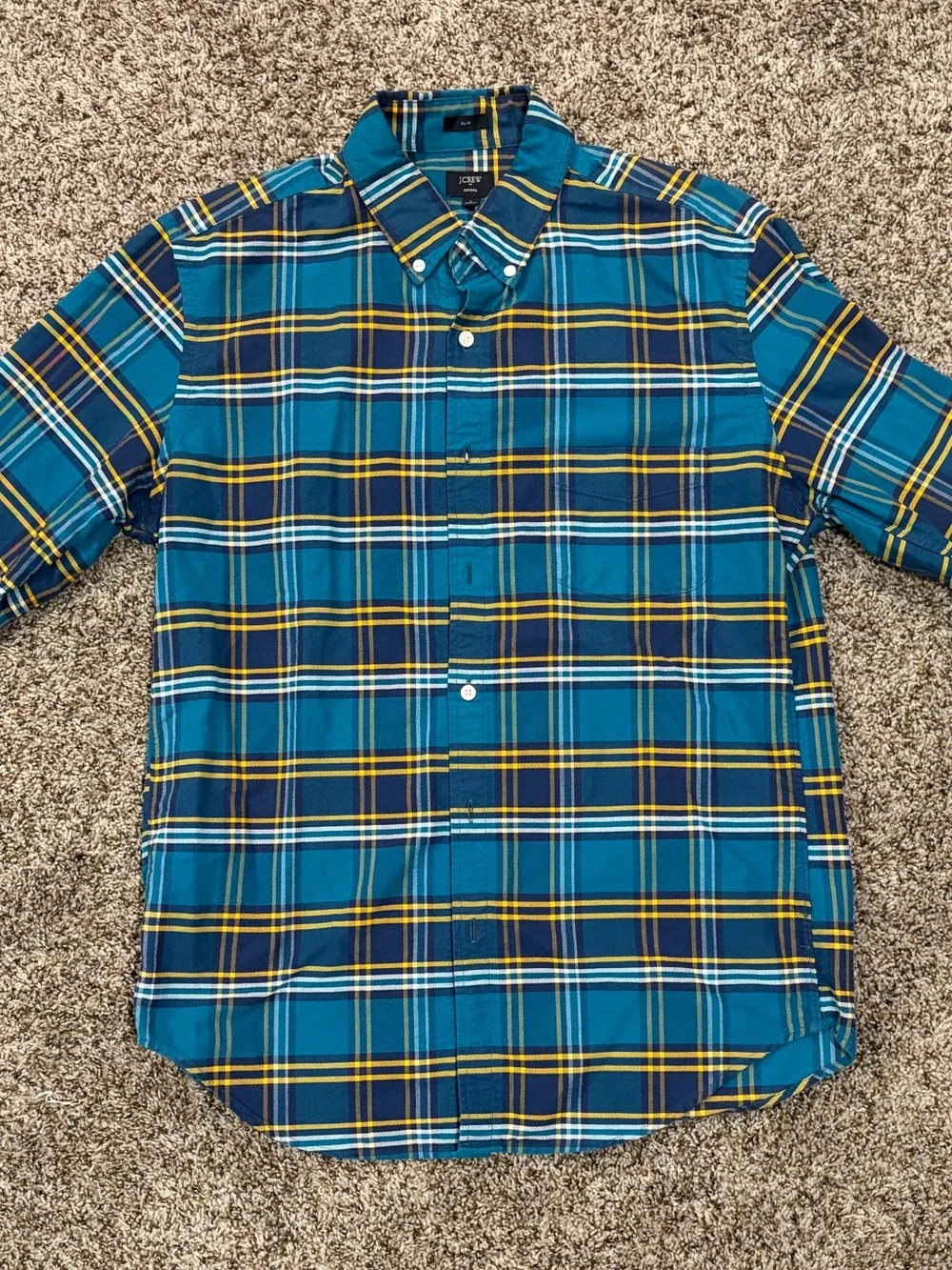 J. Crew Teal and Navy Plaid Button-Down Shirt with Yellow Accents